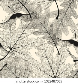 High detail skeleton leaf vector seamless pattern