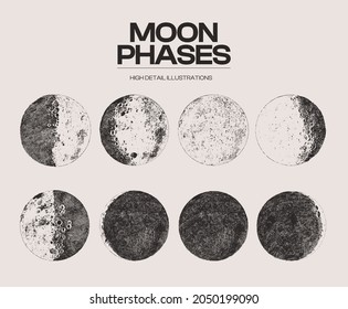 High detail sketch of moon phases, cycles, stages. Vector illustration