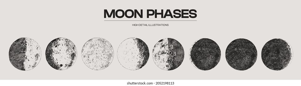 High detail sketch of moon phases, cycles, stages. Vector illustration