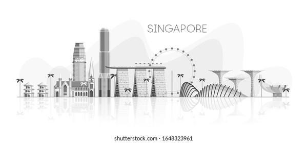 High detail skyline of Singapore. White and shades of grey with reflection