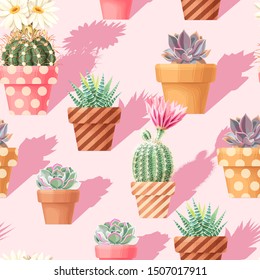 High detail succulent and cactus seamless pattern