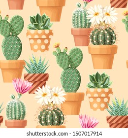 High detail succulent and cactus seamless pattern