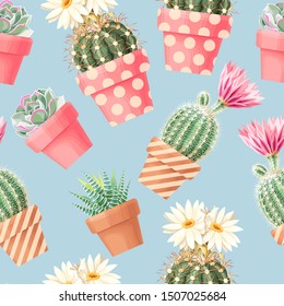 High detail succulent and cactus seamless pattern