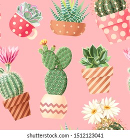 High detail succulent and cactus seamless pattern