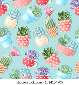 High Detail Succulent And Cactus Seamless Pattern