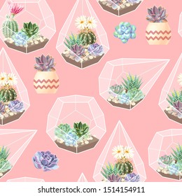 High detail succulent and cactus seamless pattern