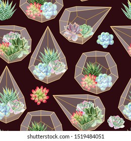 High detail succulent and cactus seamless pattern