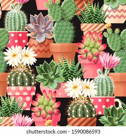 High detail succulent and cactus seamless pattern