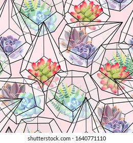 High detail succulent and cactus seamless pattern