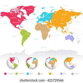 High detail vector colorful map of the world with political boundaries, country names and 3D globes of the earth.