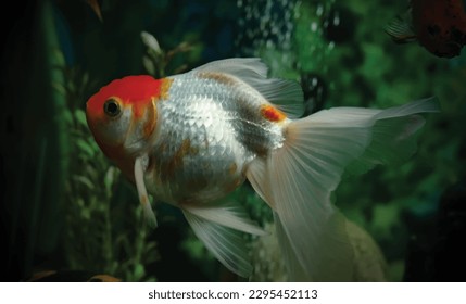High detail vector goldfish swimming in the aquarium with clear water, looks very cute and beautiful illustration