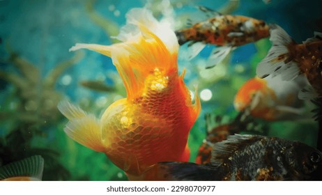 High detail vector goldfish swimming in the aquarium with clear water, looks very cute and very beautiful color illustration