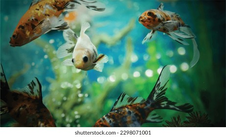 High detail vector goldfish swimming in the aquarium with clear water, looks very cute and very beautiful color illustration