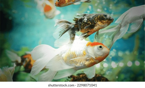 High detail vector goldfish swimming in the aquarium with clear water, looks very cute and very beautiful color illustration