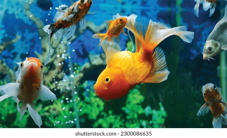 High detail vector goldfish swimming in the aquarium with clear water, looks very cute and very beautiful color illustration