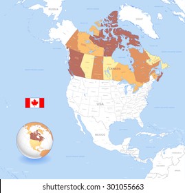 A High Detail vector Map of Canada, with capitals and major cities, a 3D globe centered on North America with canada Highlighted, and Canada flag. 
Also all seas and major lakes are named.