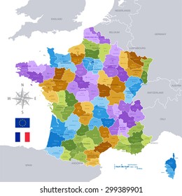 A High Detail vector Map of France Regions, Departments and major cities. All elements are separated in editable layers clearly labeled.