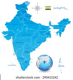 A High Detail vector Map of the Republic of India Federation states and Union Territories and major cities, with a 3D vector Globe centered on India