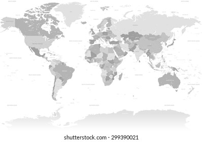 A High Detail vector Map set composed by a full map of the world in grey colors. All countries are named with the respective english name with country capitals, major cities, lakes and seas.