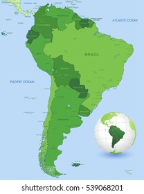 Mapa vectorial de alto detalle del continente sudamericano, con un Globo 3D centrado en Sudamérica.
