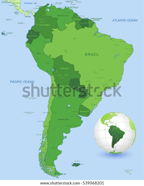 Mapa vectorial de alto detalle del continente sudamericano, con un