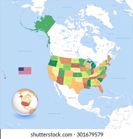 A High Detail vector Map of the United States of America States, with capitals and major cities, a 3D globe centered on USA, USA flag. 
