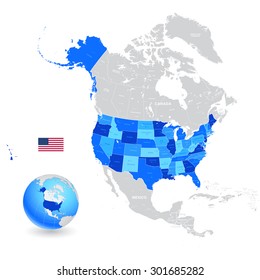 A High Detail Vector Map Of The United States Of America States, With Capitals And Major Cities, A 3D Globe Centered On USA, USA Flag.