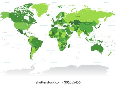 A High Detail vector Map of the world in shades of green. All countries are named with the respective english name.