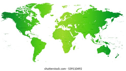 A High Detail vector Map of the world in shades of green. All countries are named with the respective english name.
