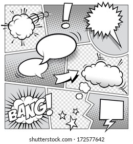 High Detail Vector Mock-up Of A Typical Comic Book Page With Various Speech Bubbles, Symbols And Sound Effects.