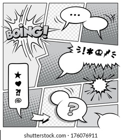 A high detail vector mock-up of a typical comic book page with various speech bubbles, symbols and sound effects.