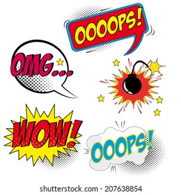 A high detail vector mock-up of a typical comic book page with various speech bubbles, symbols and sound effects and colored Halftone Backgrounds