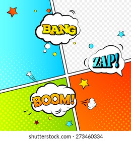 A high detail vector mock-up of a typical comic book page with speech bubbles. Comic layout template background. Vector illustration in Pop-Art Style