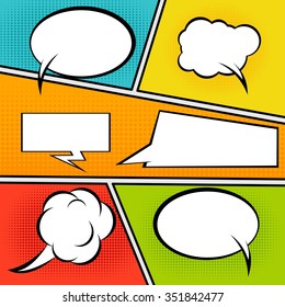 A high detail vector mock-up of a typical comic book page with various speech bubbles, symbols and sound effects and colored Halftone Backgrounds