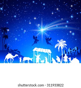 High detail Vector nativity Christmas Scene silhouettes illustration with kings adoration group