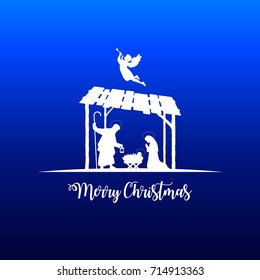 High detail Vector nativity Christmas Scene, Merry Christmas text on a blue background