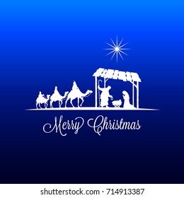 High Detail Vector Nativity Christmas Scene With Falling Star Graphics, Merry Christmas Text On A Blue Background