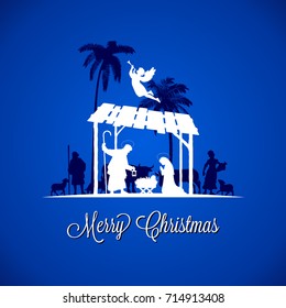 Escena navideña vectorial de alto nivel, texto navideño Feliz en un fondo azul