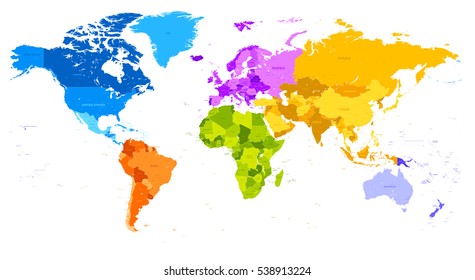 High detail Vector Political World Map, with countries colored with vibrant colors, with different color themes for each continent