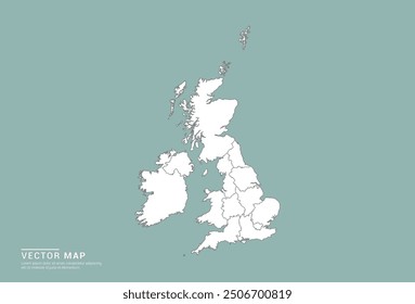 High Detail White silhouette of United Kingdom (UK) map on green background vector.