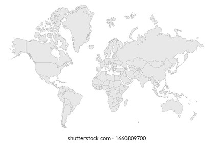 High detail world map with country borders. Outline vector illustration.