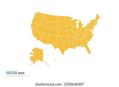 High Detail Yellow silhouette of United States of America (USA) map on white background vector.