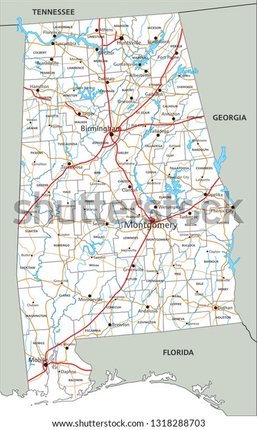 High Detailed Alabama Road Map Labeling Stock Vector (Royalty Free ...