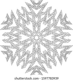 High detailed antistress snowflake with editable outline. Template for cover, poster, t-shirt or tattoo. Winter coloring page for adult art therapy. Vector illustration.