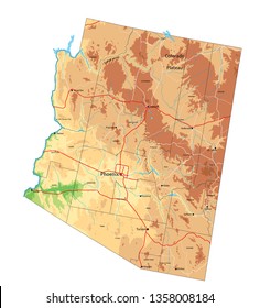 High detailed Arizona physical map with labeling.