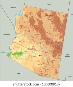 High detailed Arizona physical map with labeling.