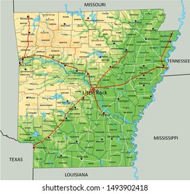 High detailed Arkansas physical map with labeling.