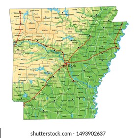 High detailed Arkansas physical map with labeling. svg