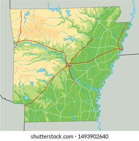 High detailed Arkansas physical map.