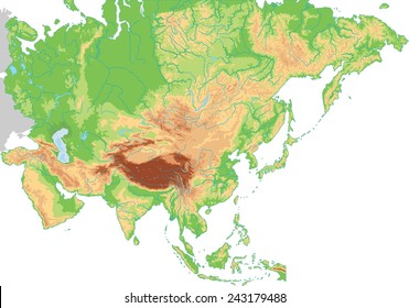 High detailed Asia physical map.